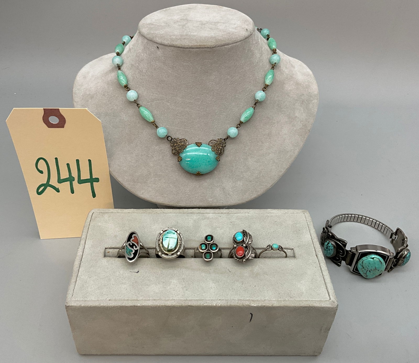 7 PC TURQUOISE AND CORAL DECORATED SOUTHWESTERN JEWELRY. (1 of 5)