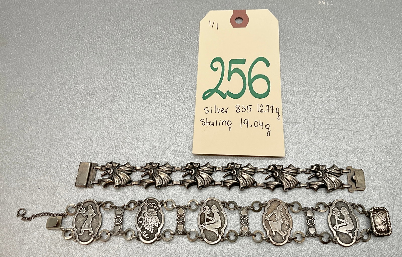 2 PC ISRAEL 835 AND STERLING SILVER BRACELETS.: 2 PC ISRAEL 835 AND STERLING SILVER BRACELETS. TOTAL WEIGHT ON 835 BRACELET 16.77 GRAMS. TOTAL WEIGHT OF STERLING MARKED BRACELET 19.04 GRAMS. Condition All property is sold in "as is" condition and a