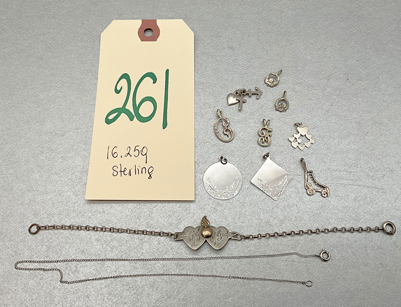 STERLING SILVER CHARMS, NECKLACE, AND DOUBLE HEART BRACELET. (1 of 4)