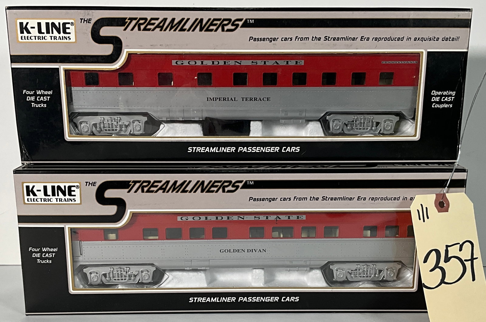 2 PC K-LINE STREAMLINERS GOLDEN DIVAN AND IMPERIAL TERRACE PASSENGER CARS WITH BOXES.: 2 PC K-LINE STREAMLINERS GOLDEN DIVAN AND IMPERIAL TERRACE PASSENGER CARS WITH BOXES. Condition All property is sold in "as is" condition and all sales are final. Teel Auctions and its consignor make 