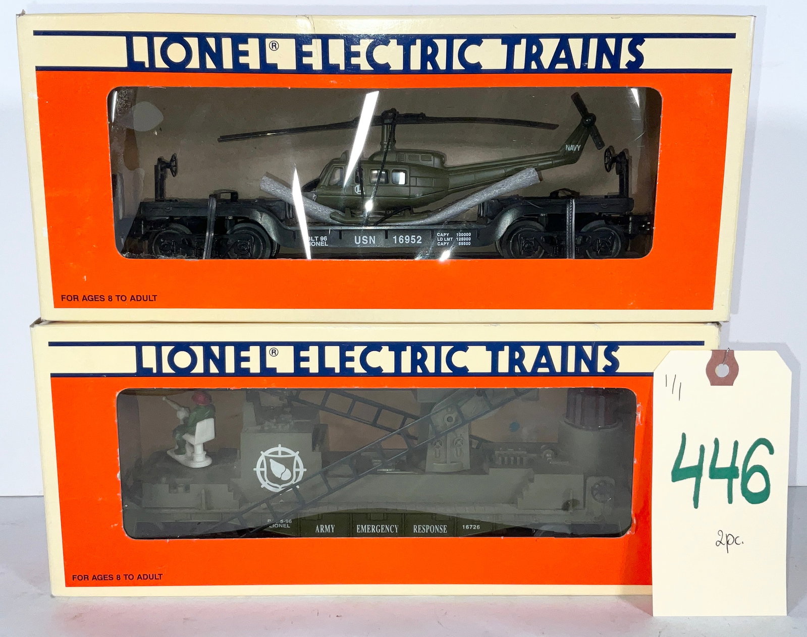 2 PC LIONEL US NAVY FLATCAR WITH ERTL HELICOPTER AND US ARMY FIRE LADDER CAR.: 2 PC LIONEL 16952 US NAVY FLATCAR WITH ERTL HELICOPTER AND 16726 US ARMY FIRE LADDER CAR. WITH BOXES. Condition All property is sold in "as is" condition and all sales are final. Teel Auctions and its