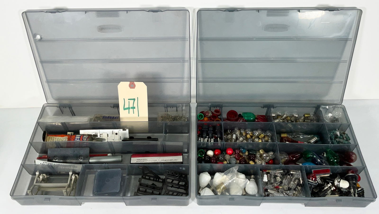 TWO ORGANIZERS FILLED WITH MODEL TRAIN PARTS/BULBS/ETC. (1 of 3)