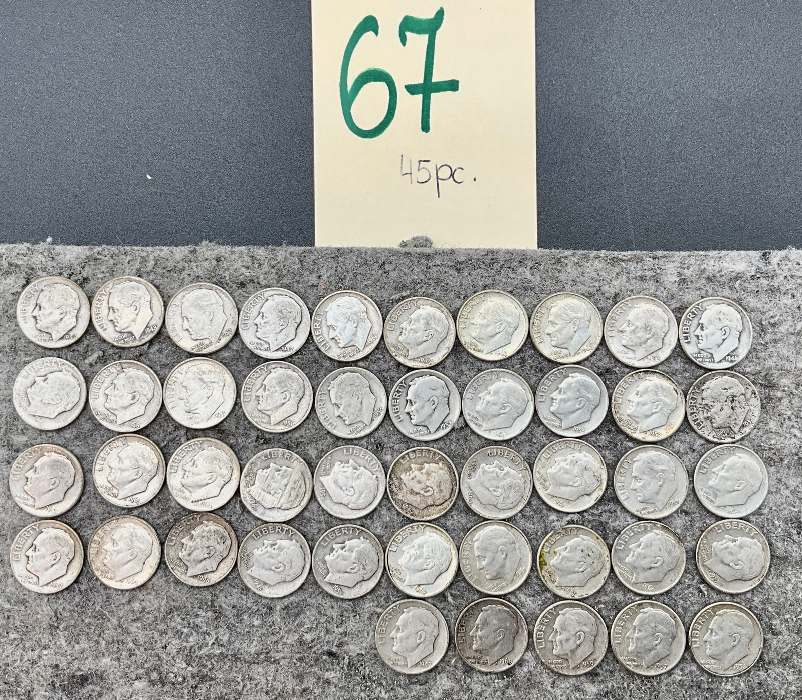45 PC ASSORTED YEAR SILVER DIMES. (1 of 4)