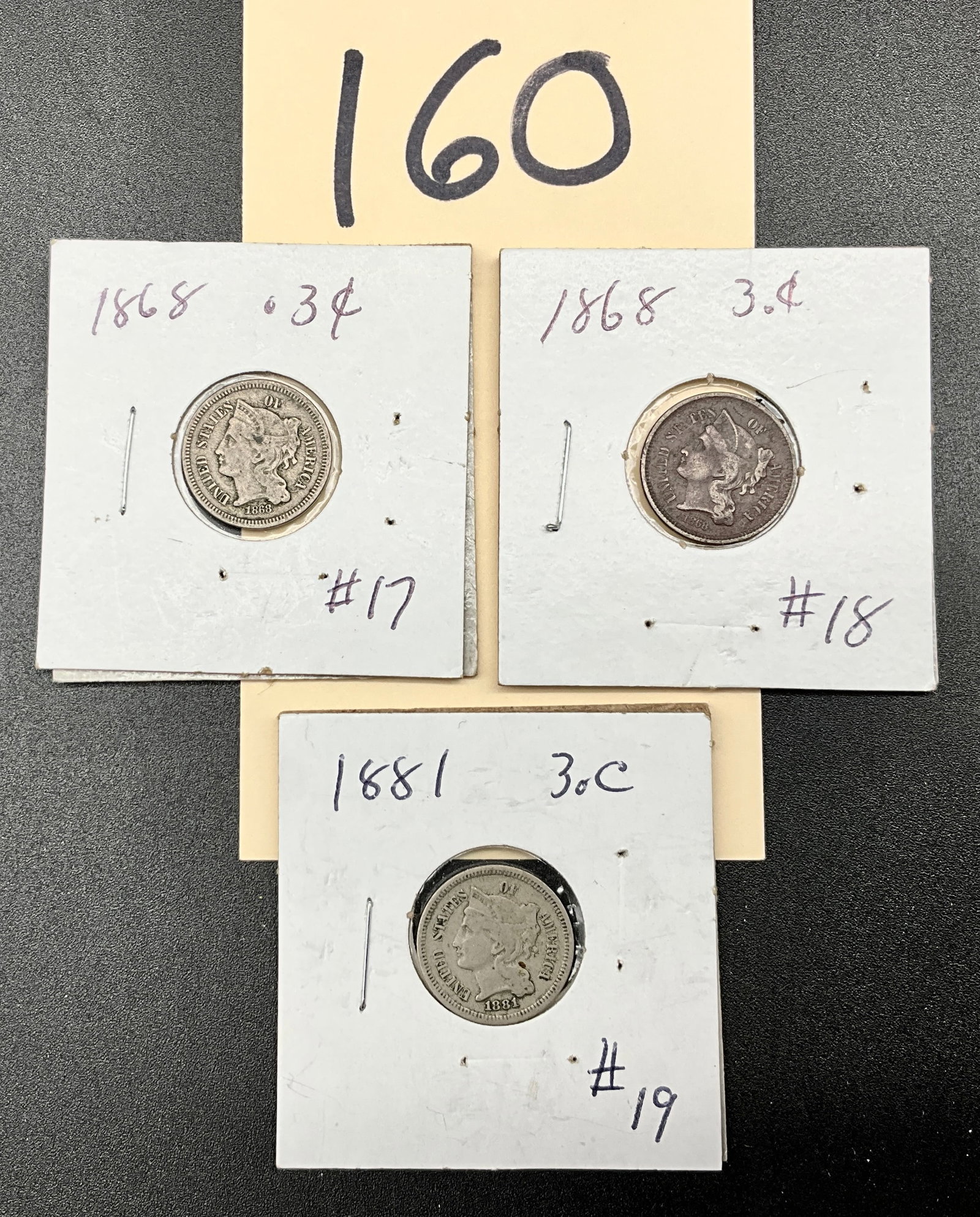 Three piece 1868 (2) and 1881 Three Cent Nickels. (1 of 3)