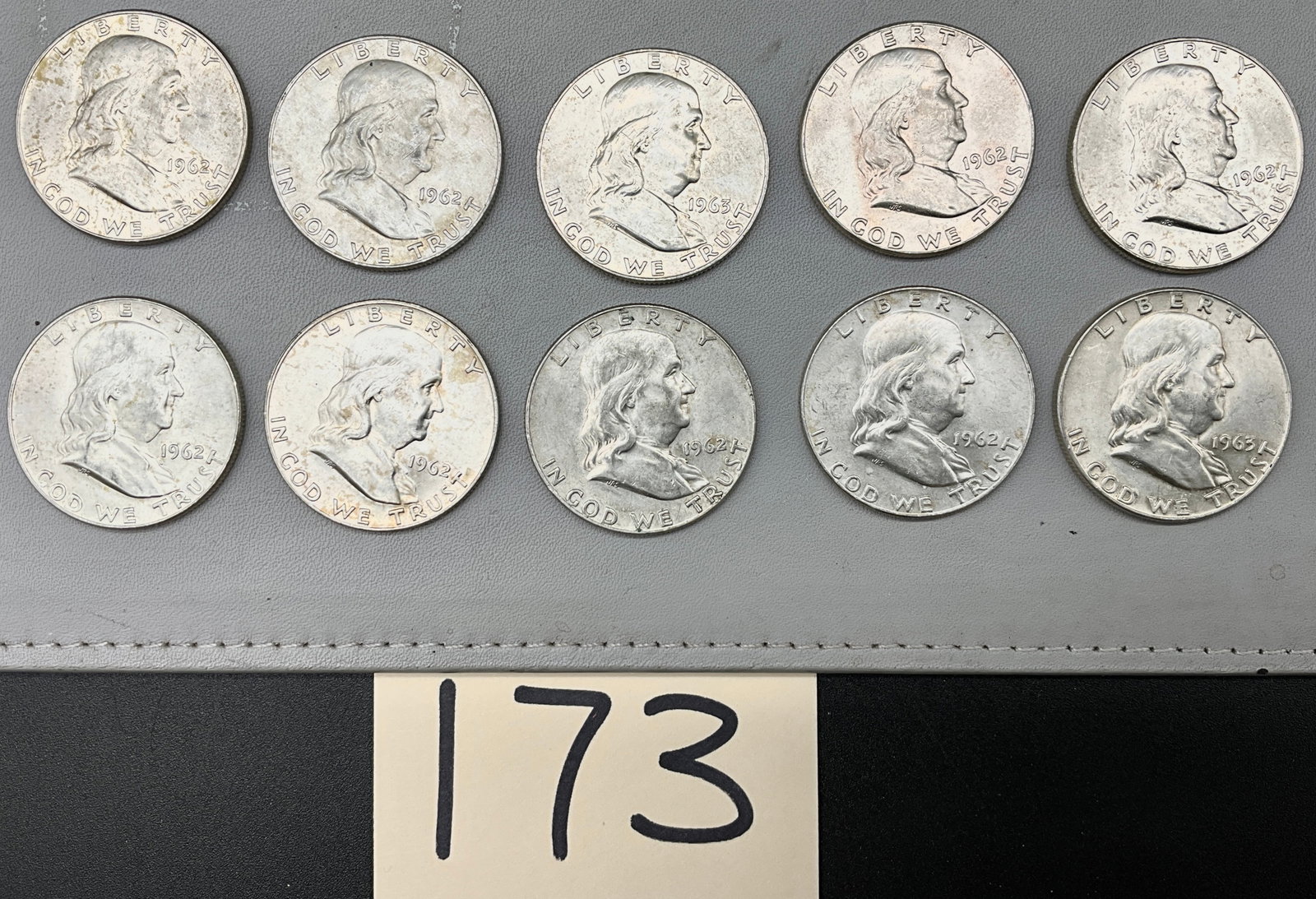 10 pc (8-1962 and 2-1963) Franklin Silver Half Dollars both Denver and Philadelphia Mints. (1 of 3)