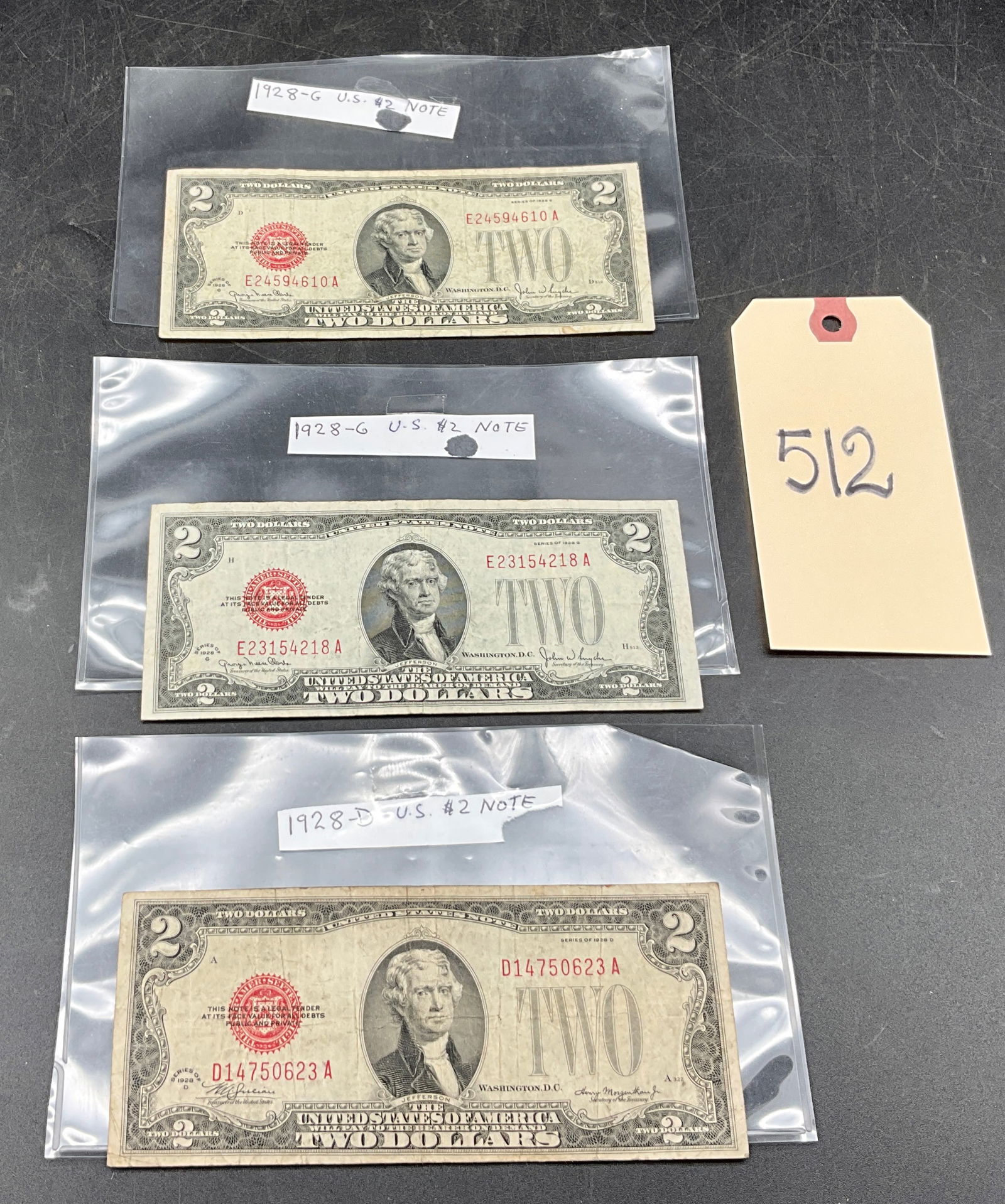 THREE PIECE 1928-G (2) AND 1928-D RED SEAL TWO DOLLAR NOTES. (1 of 3)