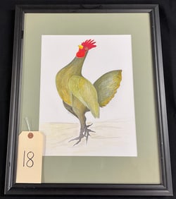 KATHERINE KYRUMSKAS SIGNED DRAWING ENTITLED "ROOSTER STRUT", FRAMED AND MATTED.