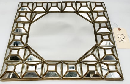 MODERN 17" SQUARE BRASS FRAMED WALL MIRROR.