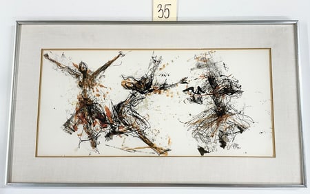 TED JASLOW SIGNED INK AND WATERCOLOR "AFRICAN DANCERS" MODERN ARTWORK IN FRAME.