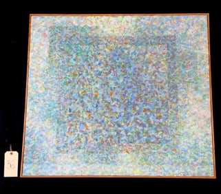 SIGNED NED HOSKINS "BLUE RUNNER STRUCTURE" PAINTING ON CANVAS.