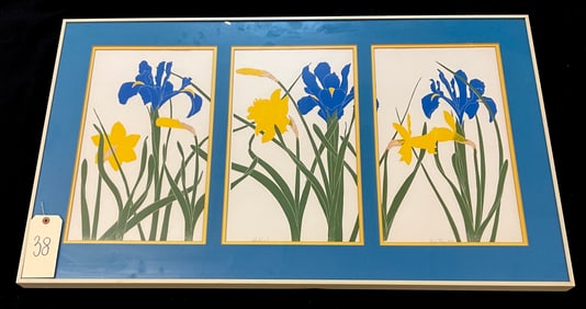 SIGNED HENRY EVANS THREE PIECE DAFFODILS WOODCUT IN FRAME.