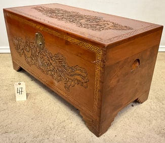 ASIAN DRAGON MOTIF CARVED BLANKET CHEST.