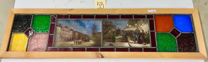 VINTAGE LEADED STAINED GLASS PICTORIAL STREET SCENE PANEL.