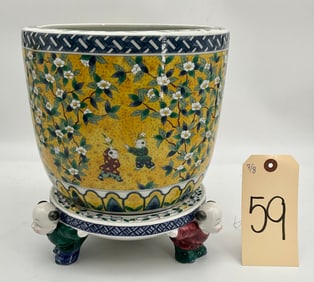 2 PC HAND PAINTED TAKAHASHI PORCELAIN FIGURAL PLANTER WITH BASE.