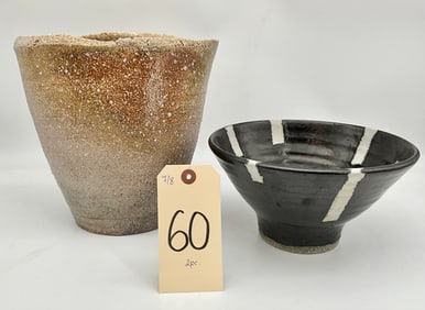 2 PC GLAZED ART POTTERY VASE AND BOWL, ONE SIGNED.