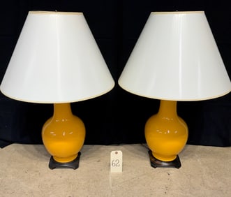 PAIR OF YELLOW GLAZED PORCELAIN MID CENTURY TABLE LAMPS WITH SHADES.