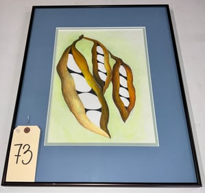 KATHERINE KYRUMSKAS SIGNED DRAWING ENTITLED "THREE BEANS", FRAMED AND MATTED.