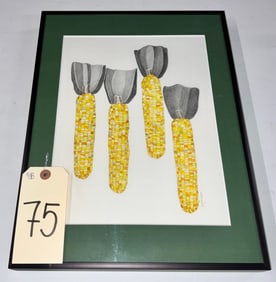 KATHERINE KYRUMSKAS SIGNED MIXED MEDIA ARTWORK ENTITLED "FOUR CORN", FRAMED AND MATTE