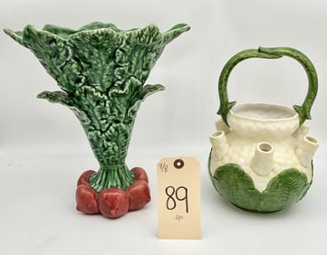 ITALIAN BERGDORF GOODMAN AND BORDALO PINHEIRO FINE PORCELAIN VASE AND VESSEL.