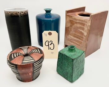 5 PC MODERN ART POTTERY VASES/VESSELS. SOME STAMPED AND SIGNED.