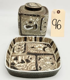 ROYAL COPENHAGEN DECORATED PORCELAIN BACA RUSTIC FAENCE BOWL AND LIDDED JAR.