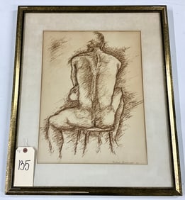 MICHAEL GORNAZZO SIGNED NUDE MAN ON STOOL PEN AND INK.