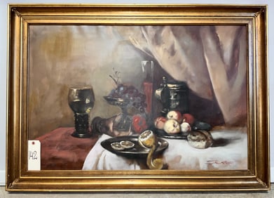LARGE SIGNED STILL LIFE OIL PAINTING IN GILT FRAME.