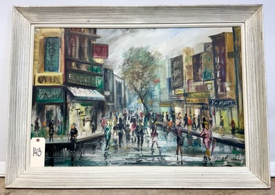 SIGNED RUSSEL REMALY II (1927-2007) STREET SCENE ACRYLIC OIL ON CANVAS.