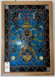 VINTAGE LEADED STAINED GLASS WINDOW PAIN.: VINTAGE LEADED STAINED GLASS WINDOW PAIN. MEASURES 25" X 36". SOME MINOR CRACKING IN THE GLASS, SEE PHOTOGRAPHS.