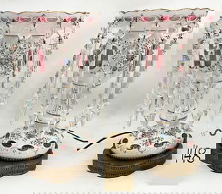 PAIR OF VINTAGE CUT TO CRANBERRY DECORATED CRYSTAL PRYSM LUSTERS.