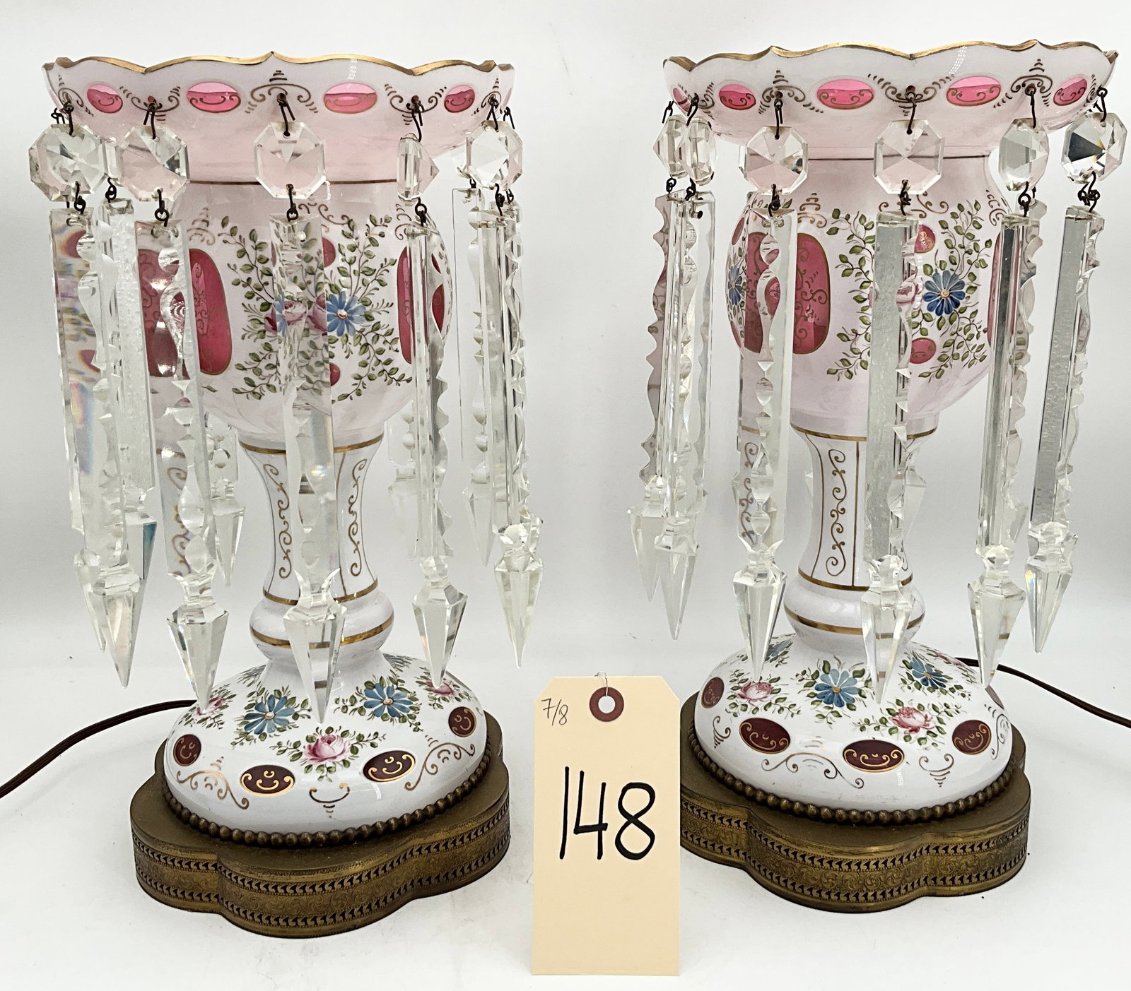 PAIR OF VINTAGE CUT TO CRANBERRY DECORATED CRYSTAL PRYSM LUSTERS.: PAIR OF VINTAGE CUT TO CRANBERRY DECORATED CRYSTAL PRYSM LUSTERS. MEASURES 14"H.