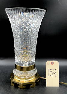 WATERFORD CRYSTAL AND BRASS TORCHIERE TABLE LAMP.: WATERFORD CRYSTAL AND BRASS TORCHIERE TABLE LAMP. MEASURES 7" DIAMETER X 13.5"H.
