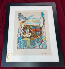 1977 PENCIL SIGNED SALVADOR DALI "DAWN SIX OF SWORDS" LITHOGRAPH IN FRAME.