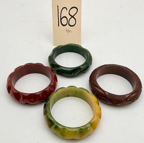 4 PC VINTAGE DECORATED BAKELITE BRACELETS.