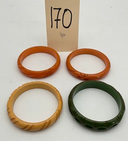 4 PC VINTAGE DECORATED BAKELITE BRACELETS.