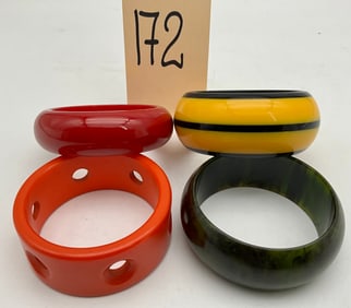 4 PC VINTAGE DECORATED BAKELITE BRACELETS.