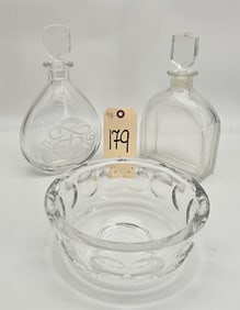 3 PC ORRERFORS SIGNED DECANTERS AND BOWL.