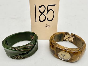 2 PC GREEN AND BEIGE BAKELITE HINGED CUFF BRACELET AND WRIST WATCH.