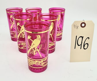BOHEMIAN STYLE PINK WITH GOLD GILT BIRD DRINKING GLASSES.