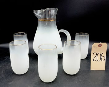 6 PC VINTAGE BLENDO FROSTED WHITE AND GOLD RING DRINK SET.