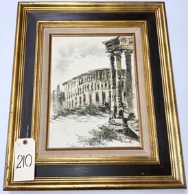 SIGNED OIL ON CANVAS ROMAN RUINS SCENE IN FRAME.