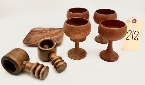 MID CENTURY WOODEN NUTCRACKERS, DISH, AND CUPS.