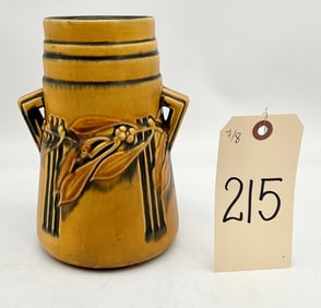 VINTAGE ROSEVILLE LAUREL YELLOW PATTERNED TWO HANDLED 7.25" VASE.