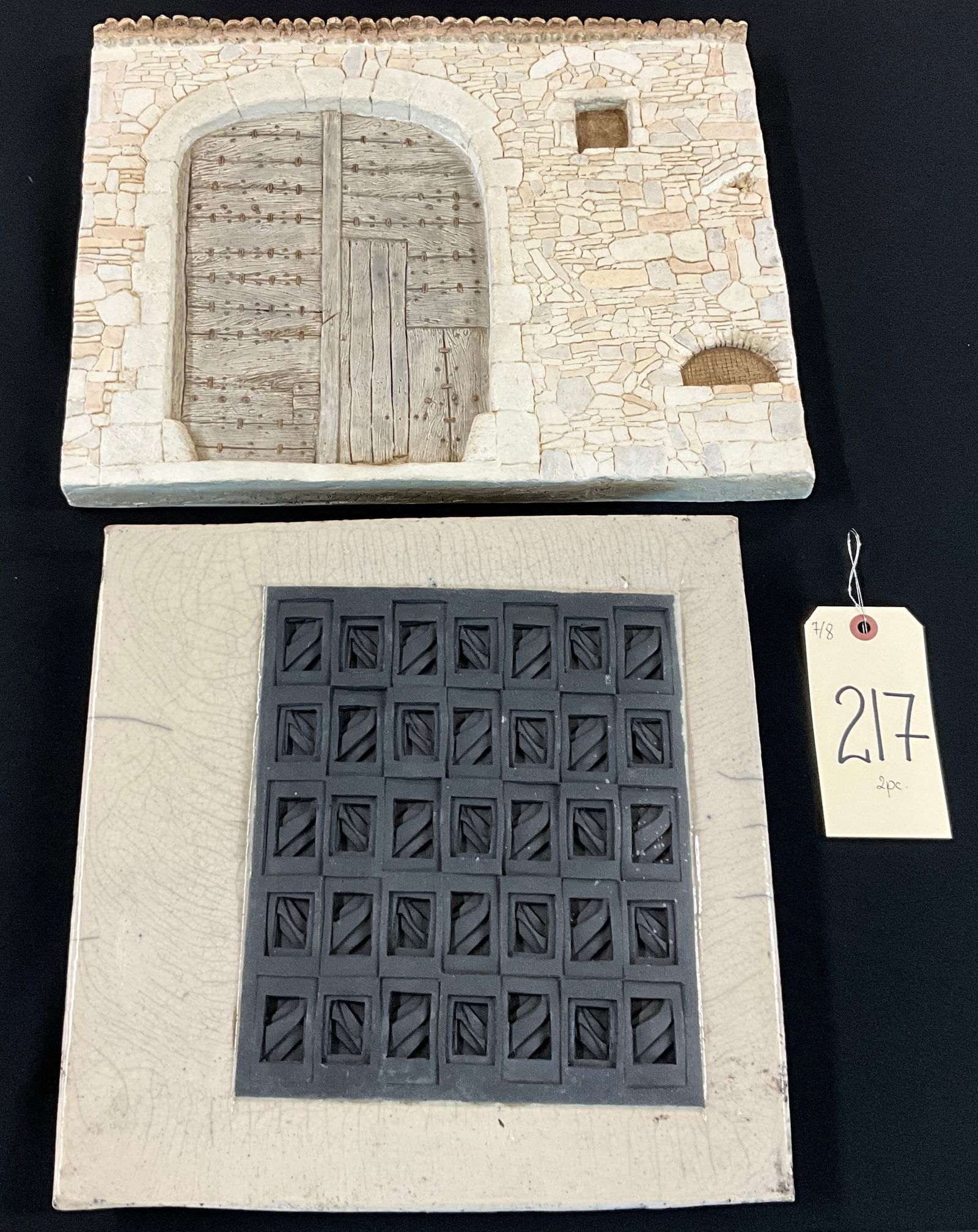 PAIR OF CERAMIC WALL ART PLAQUES, ONE SIGNED POTTS. (1 of 2)