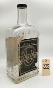VINTAGE GREEN RIVER WHISKY BOTTLE WITH ORIGINAL PAPER TAGS AND TOP.