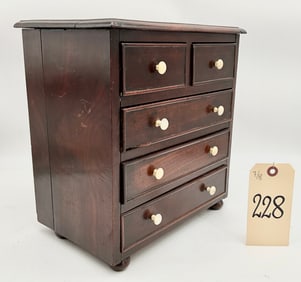 ANTIQUE MAHOGANY SALEMAN'S SAMPLE 2 OVER THREE CHEST OF DRAWERS.