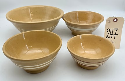 FOUR PIECE VINTAGE WHITE BANDED YELLOWARE BOWLS.