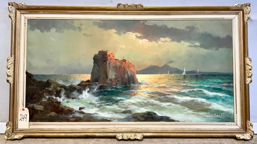 SIGNED I.R. FABERI ITALIAN MEDITERRANEAN COASTAL SCENE  OIL ON CANVAS IN FRAME.