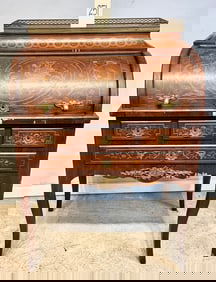 INLAID FRENCH MARQUETRY CYLINDER TOP WRITING DESK WITH BRASS ACCENTS .AS IS.