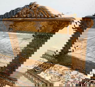 ANTIQUE CARVED OAK BEVELED GLASS HALL MIRROR WITH BRASS HOOKS.